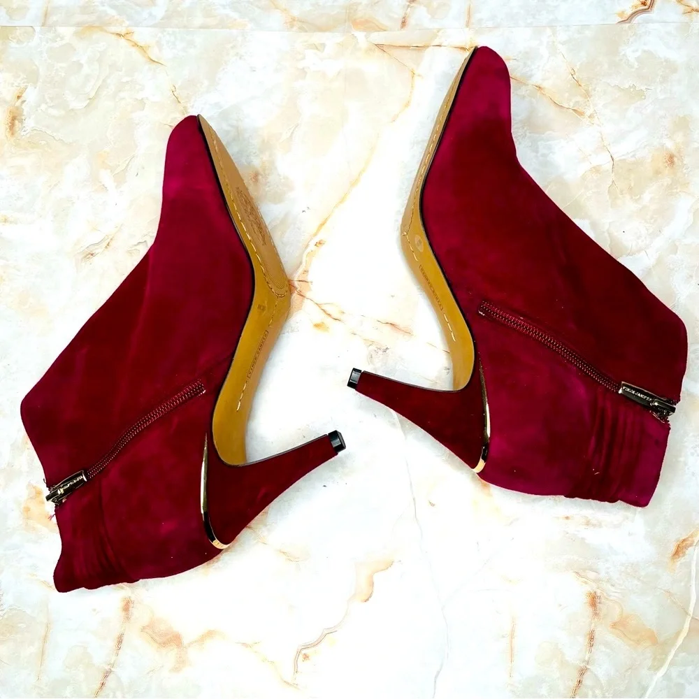 VINCE CAMUTO SUEDE BOOTIES, Wine Berry Suede Heeled Booties, Zipper, Gold Trim